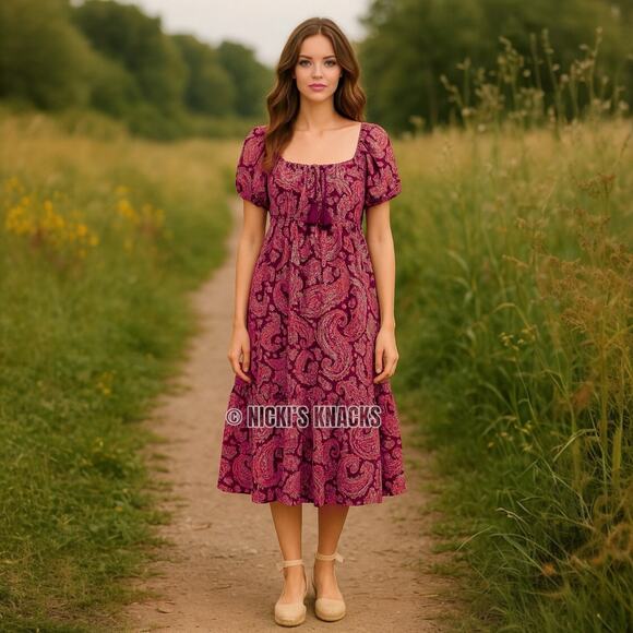 BOG Collective Midi Dress S – Cottagecore Burgundy Puff Sleeve Boho Prairie Fit - Picture 1 of 10